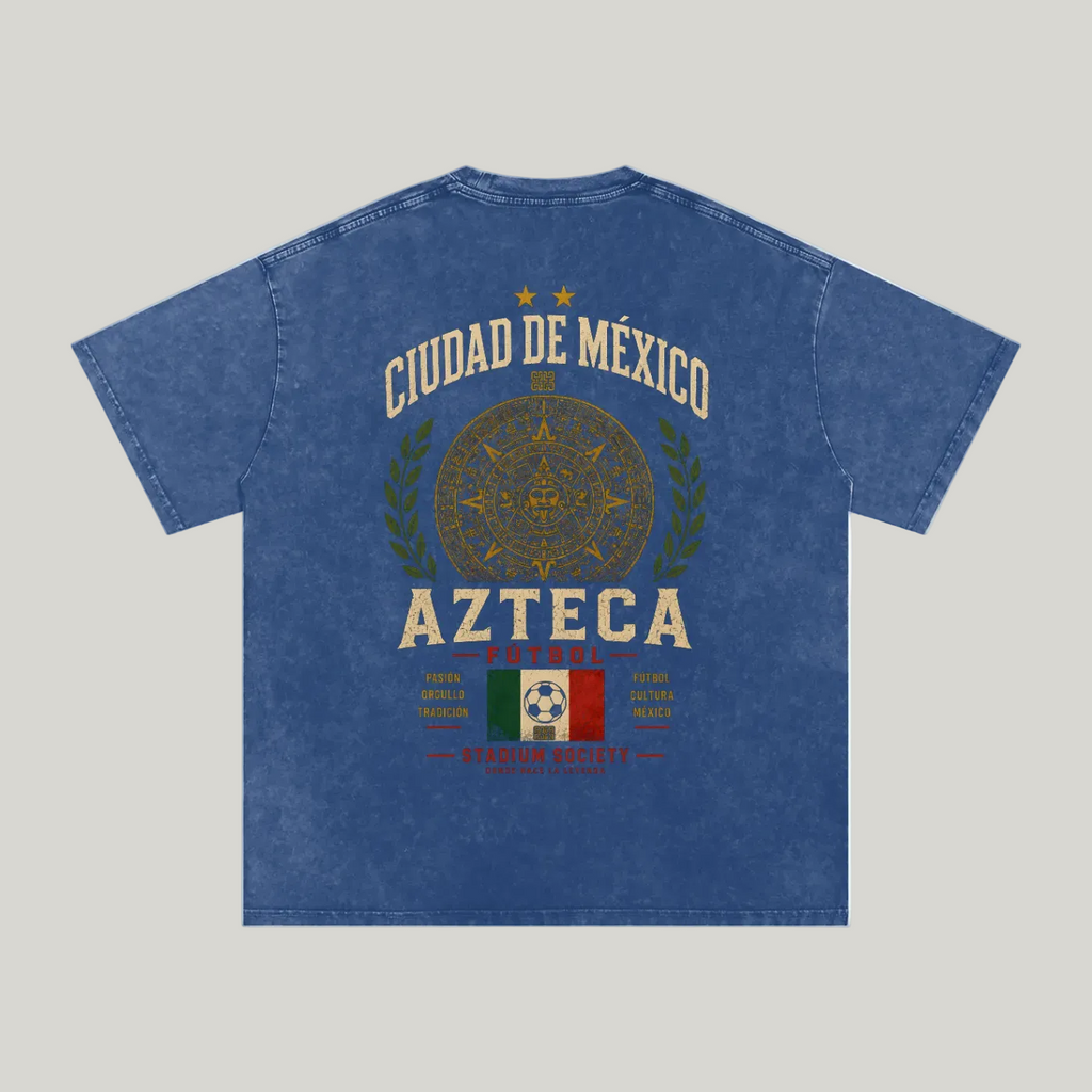 Back of Dark Blue washed oversized T-shirt with a large Ciudad de México Azteca graphic