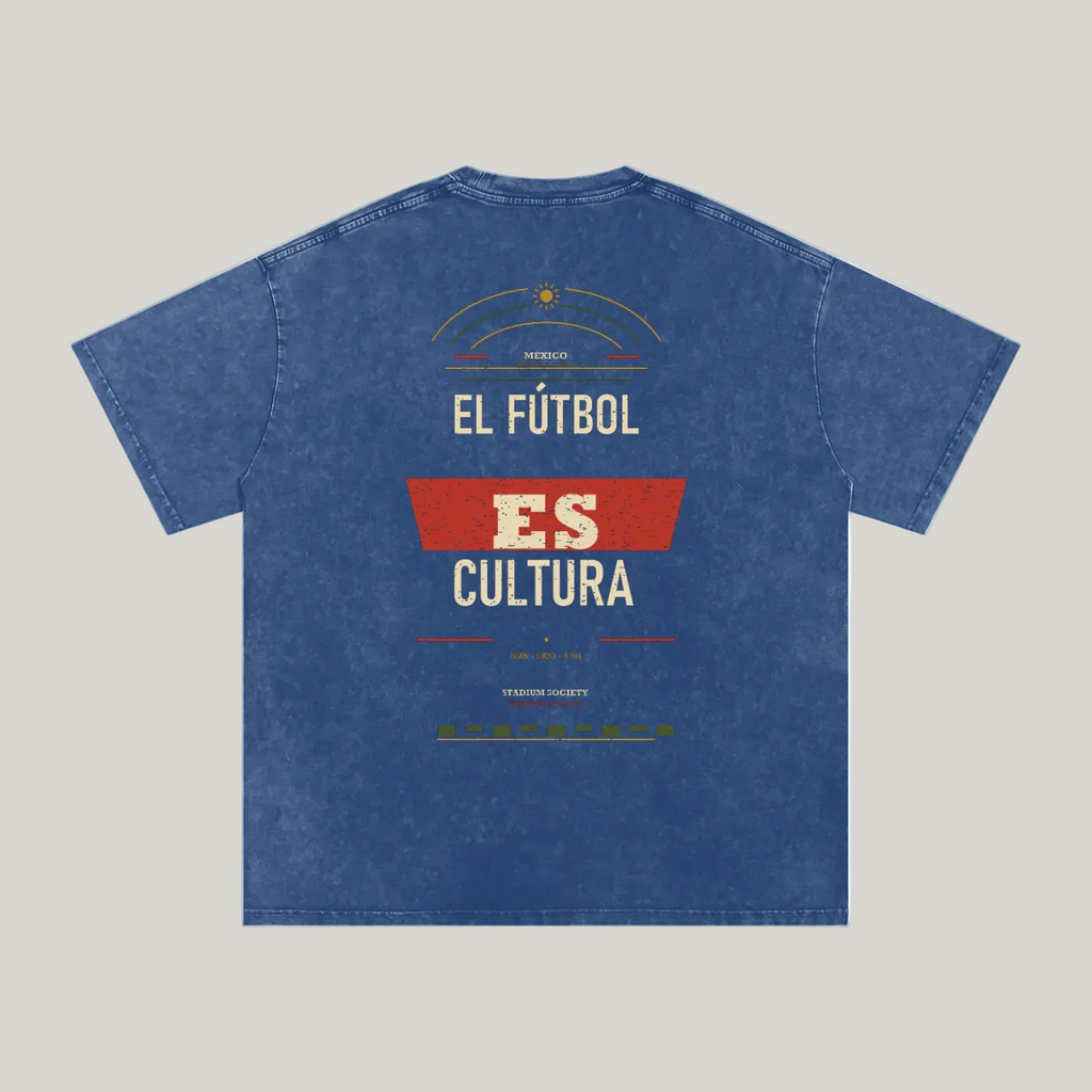 Back of Dark Blue washed oversized T-shirt with large El Fútbol Es Cultura typography