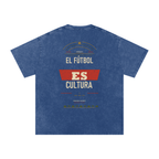 Back of Dark Blue washed oversized T-shirt with large El Fútbol Es Cultura typography