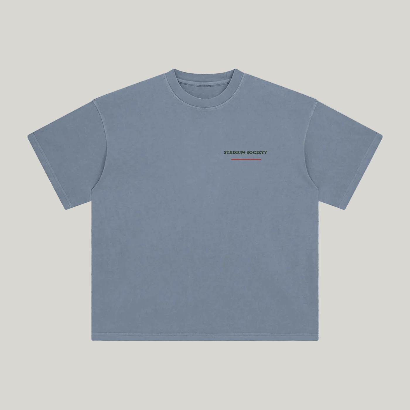 Front of Gray Blue enzyme-washed T-shirt with a small Stadium Society chest mark