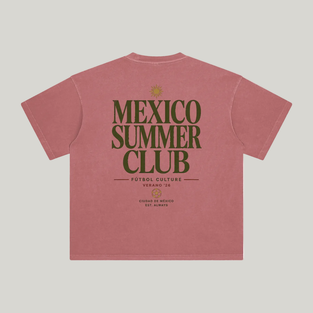 Back of Brick Red enzyme-washed T-shirt with large Mexico Summer Club typography