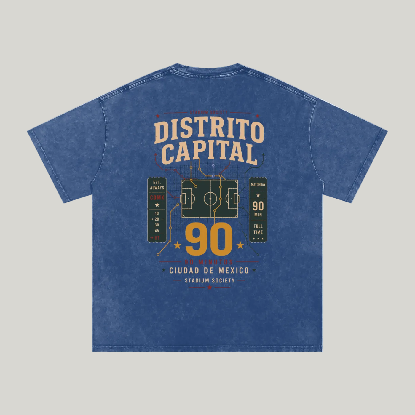 Back of Dark Blue washed oversized T-shirt with a large Distrito Capital 90 poster graphic