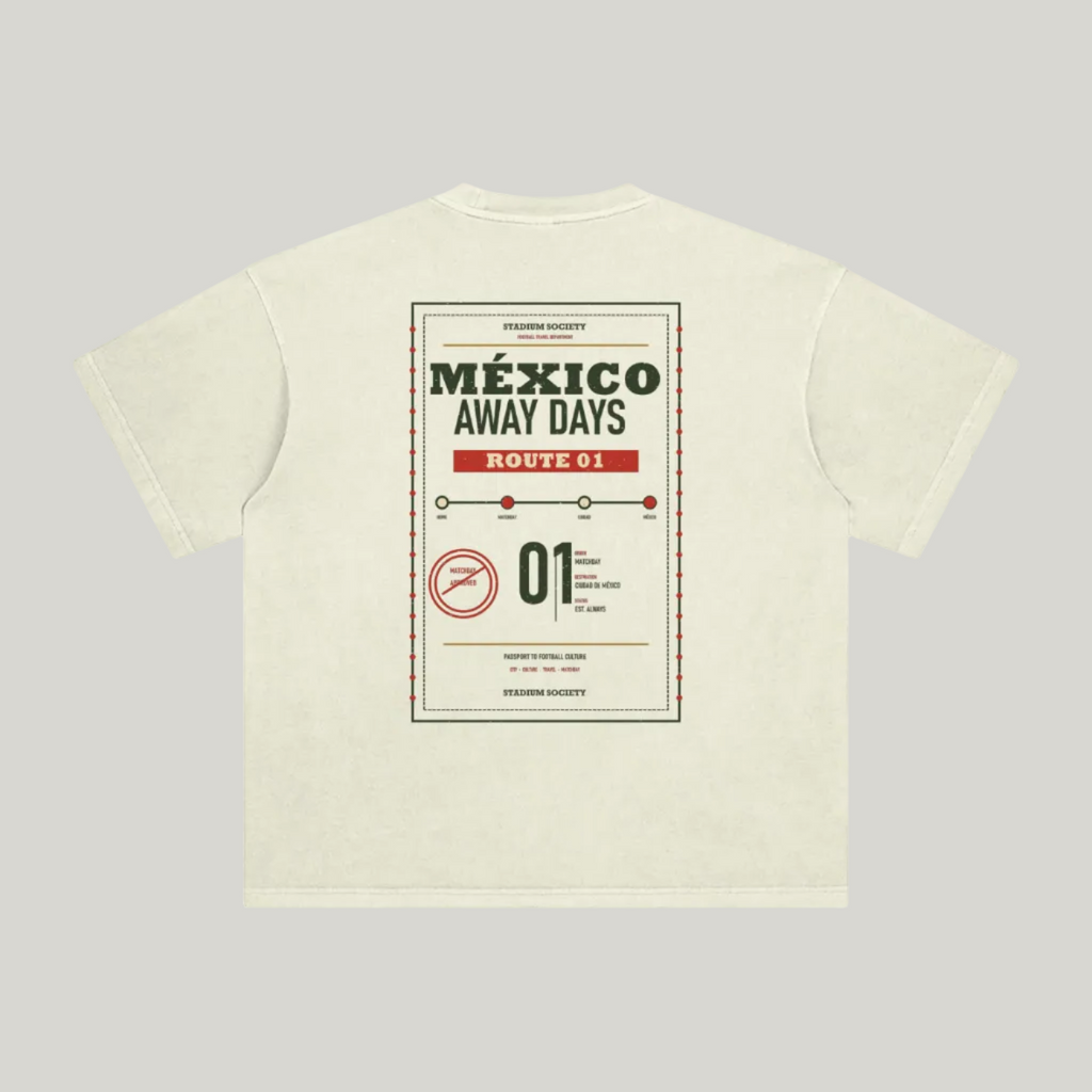 Back of Apricot enzyme-washed T-shirt with a large Mexico Away Days travel graphic
