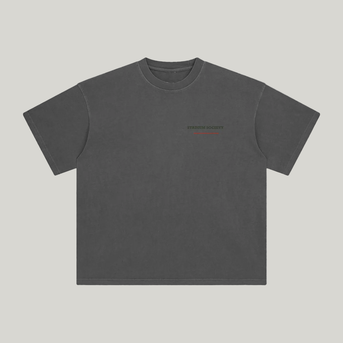 Front of Dark Gray enzyme-washed T-shirt with a small Stadium Society chest mark