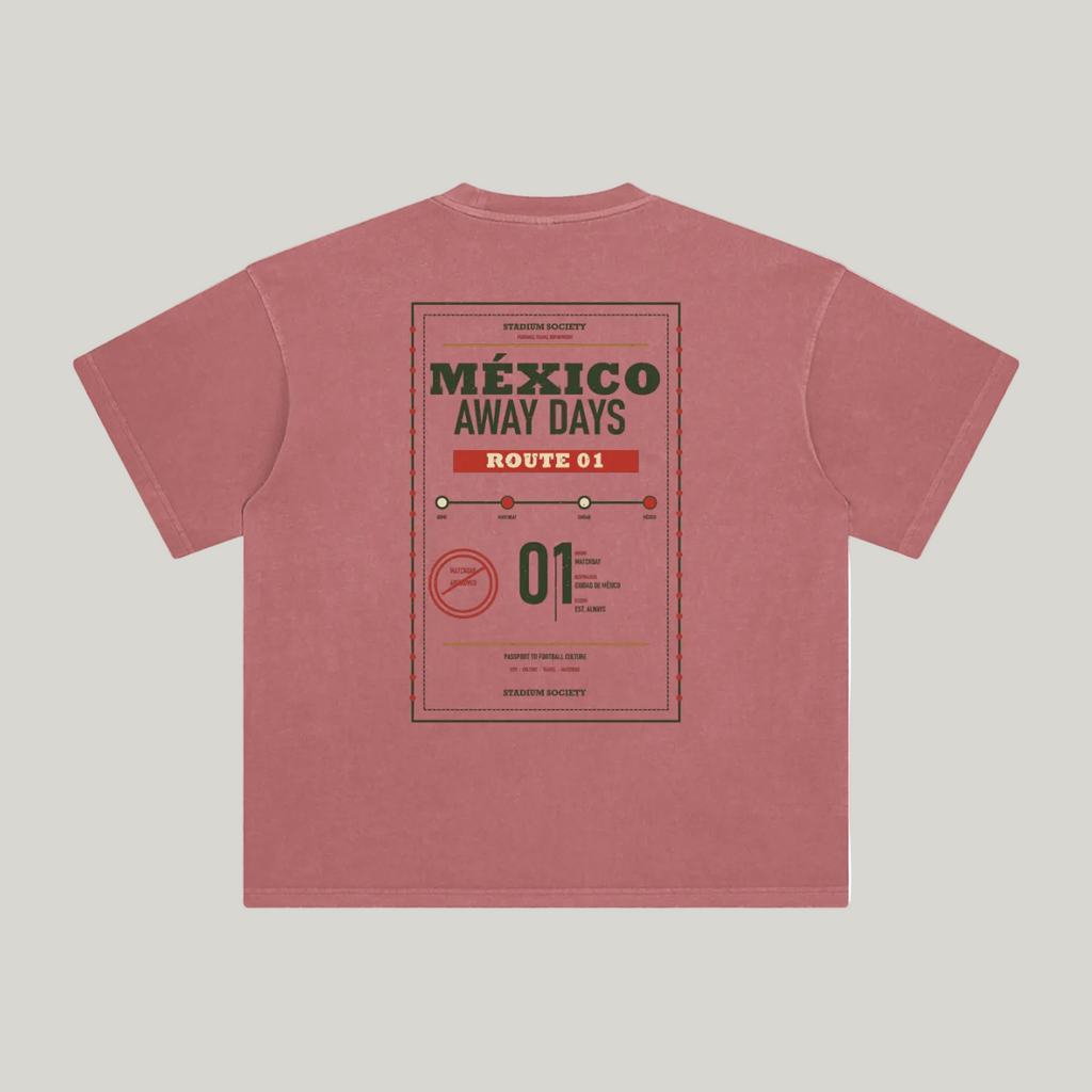 Back of Brick Red enzyme-washed T-shirt with a large Mexico Away Days travel graphic