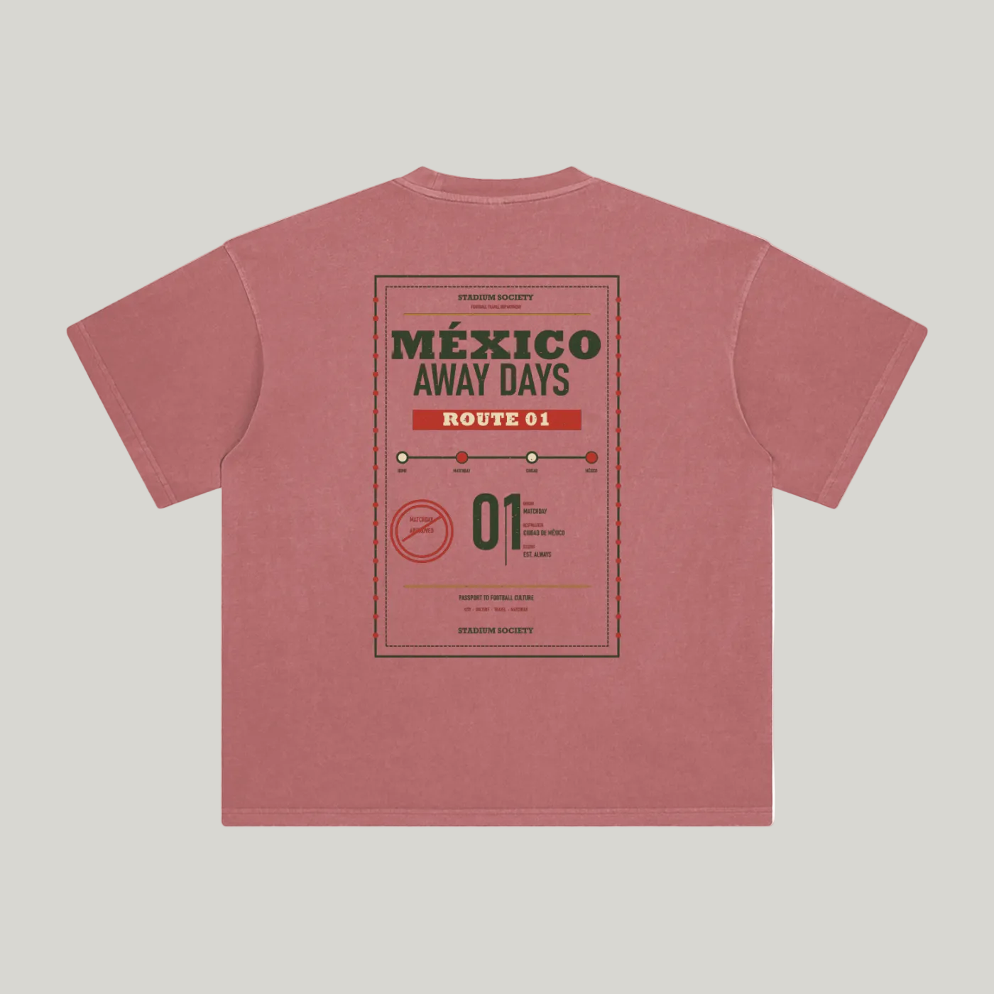 Back of Brick Red enzyme-washed T-shirt with a large Mexico Away Days travel graphic