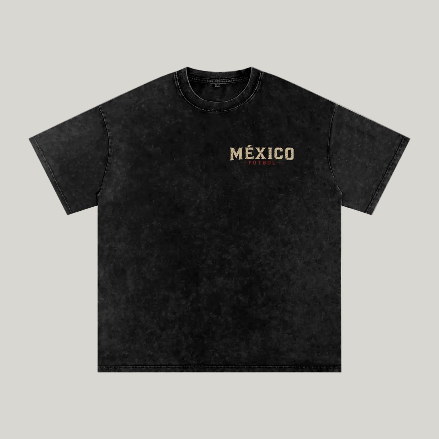 Front of black washed oversized T-shirt with a small México chest graphic