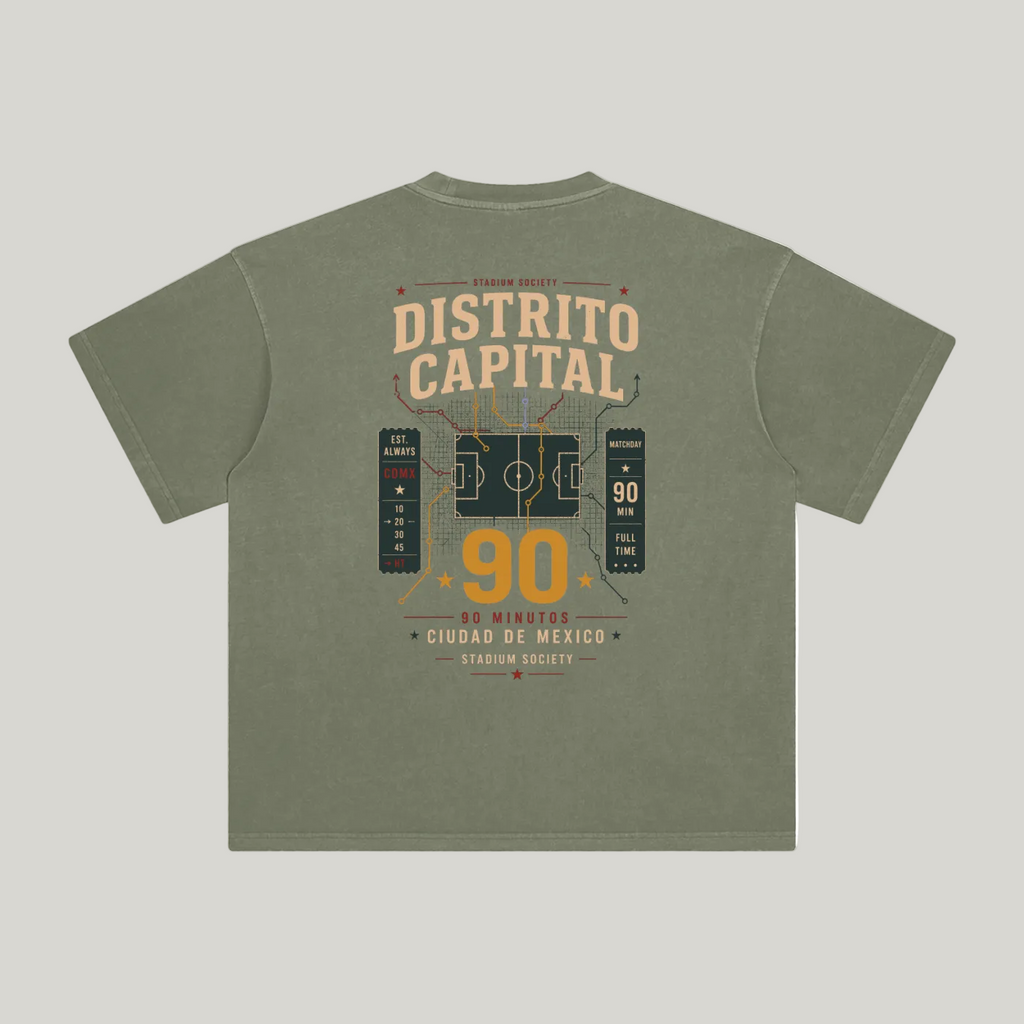 Back of Gray Green enzyme-washed T-shirt with a large Distrito Capital 90 poster graphic