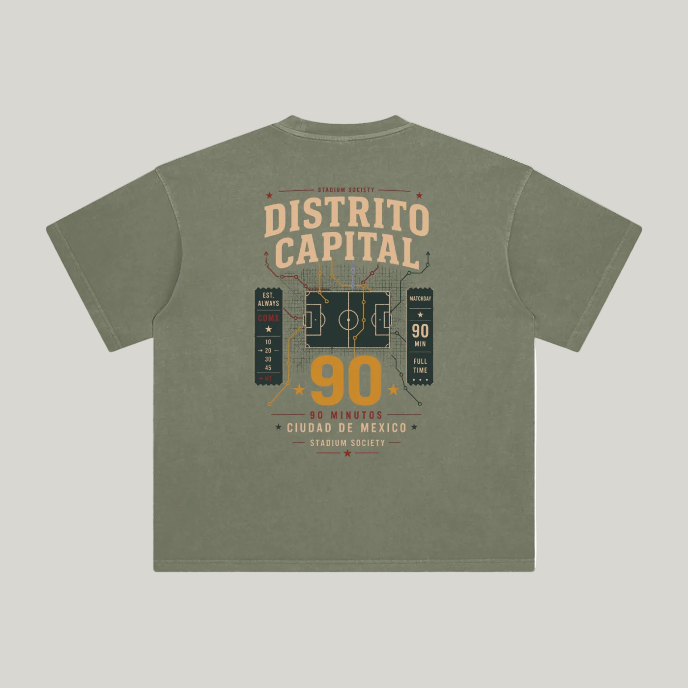 Back of Gray Green enzyme-washed T-shirt with a large Distrito Capital 90 poster graphic