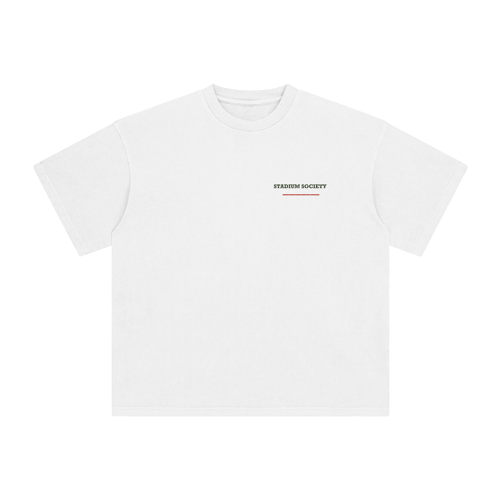 Front of White enzyme-washed T-shirt with a small Stadium Society chest mark