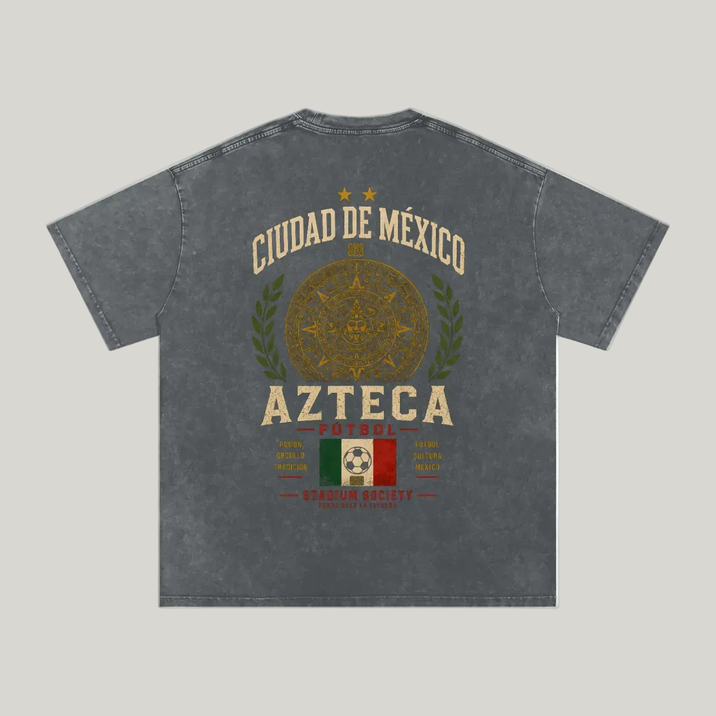 Back of Pirate Gray washed oversized T-shirt with a large Ciudad de México Azteca graphic