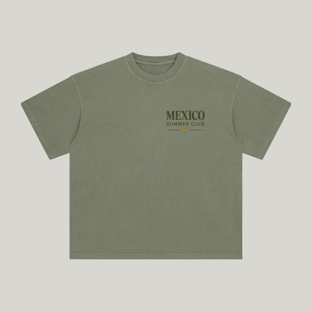 Front of Gray Green enzyme-washed T-shirt with a small Mexico Summer Club chest graphic