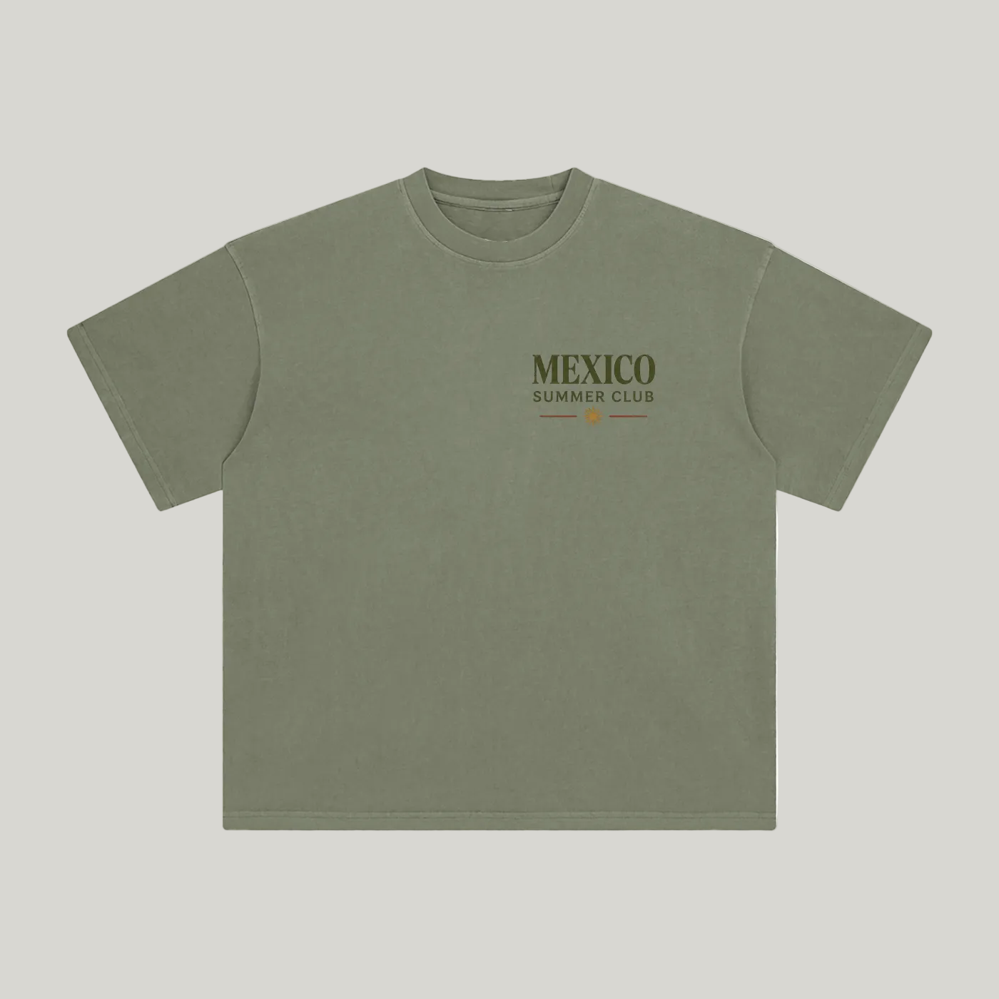 Front of Gray Green enzyme-washed T-shirt with a small Mexico Summer Club chest graphic
