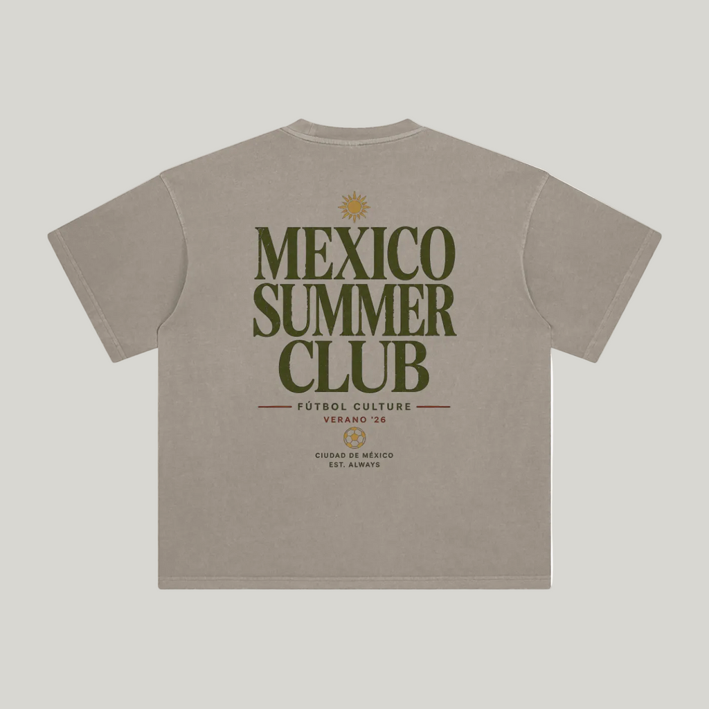 Back of Khaki enzyme-washed T-shirt with large Mexico Summer Club typography
