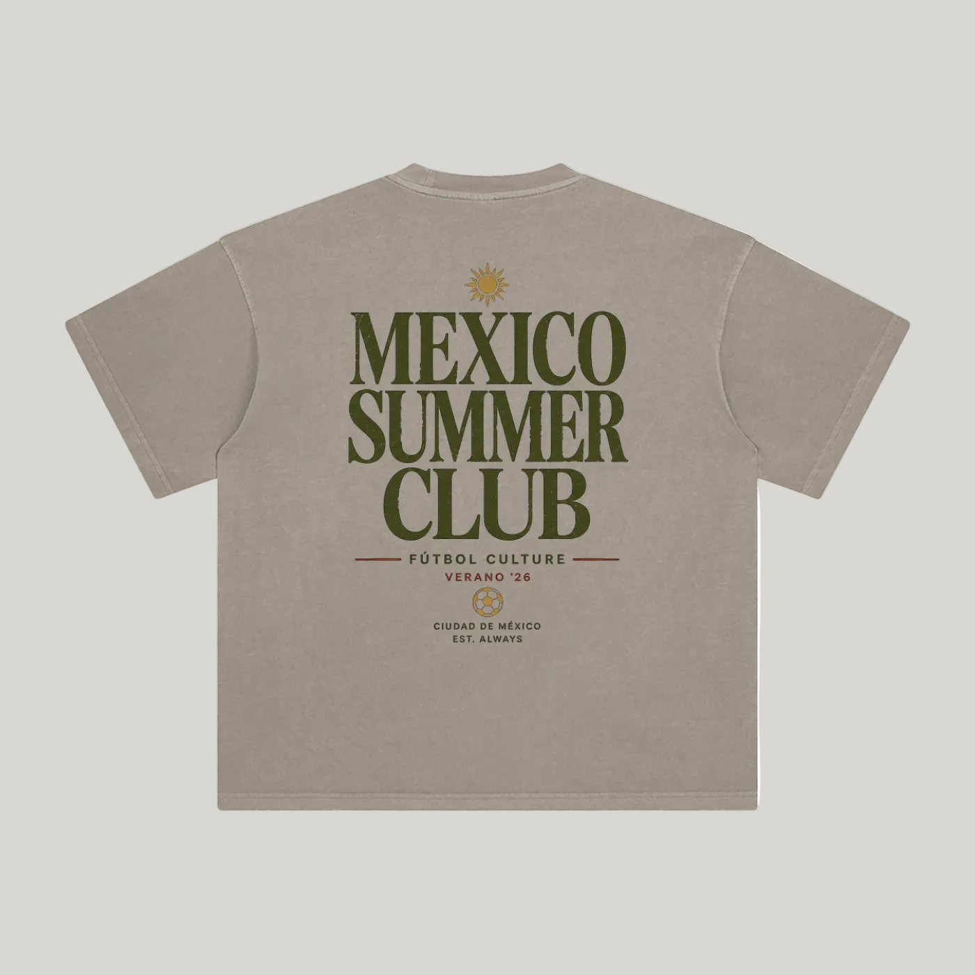 Back of Khaki enzyme-washed T-shirt with large Mexico Summer Club typography