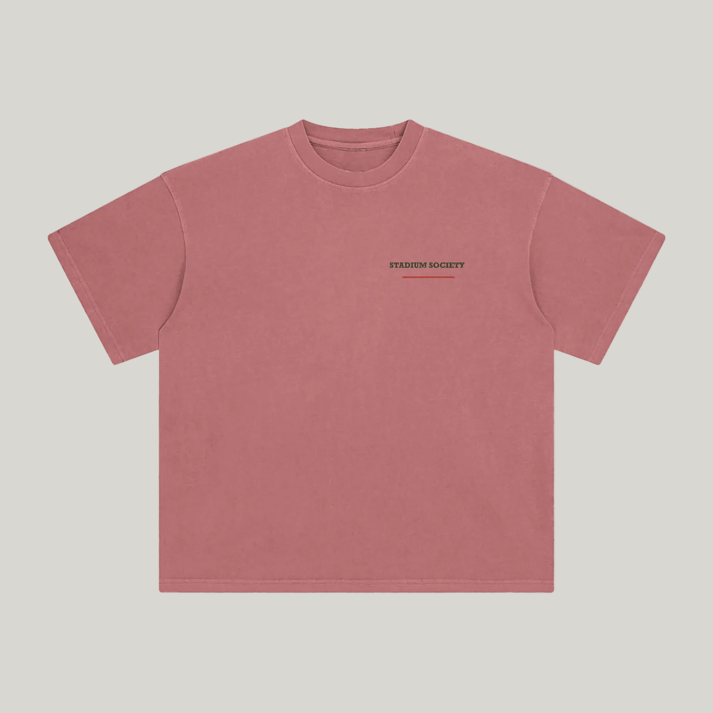 Front of Brick Red enzyme-washed T-shirt with a small Stadium Society chest mark