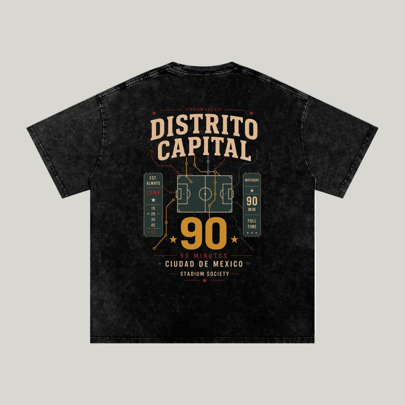 Back of Black washed oversized T-shirt with a large Distrito Capital 90 poster graphic