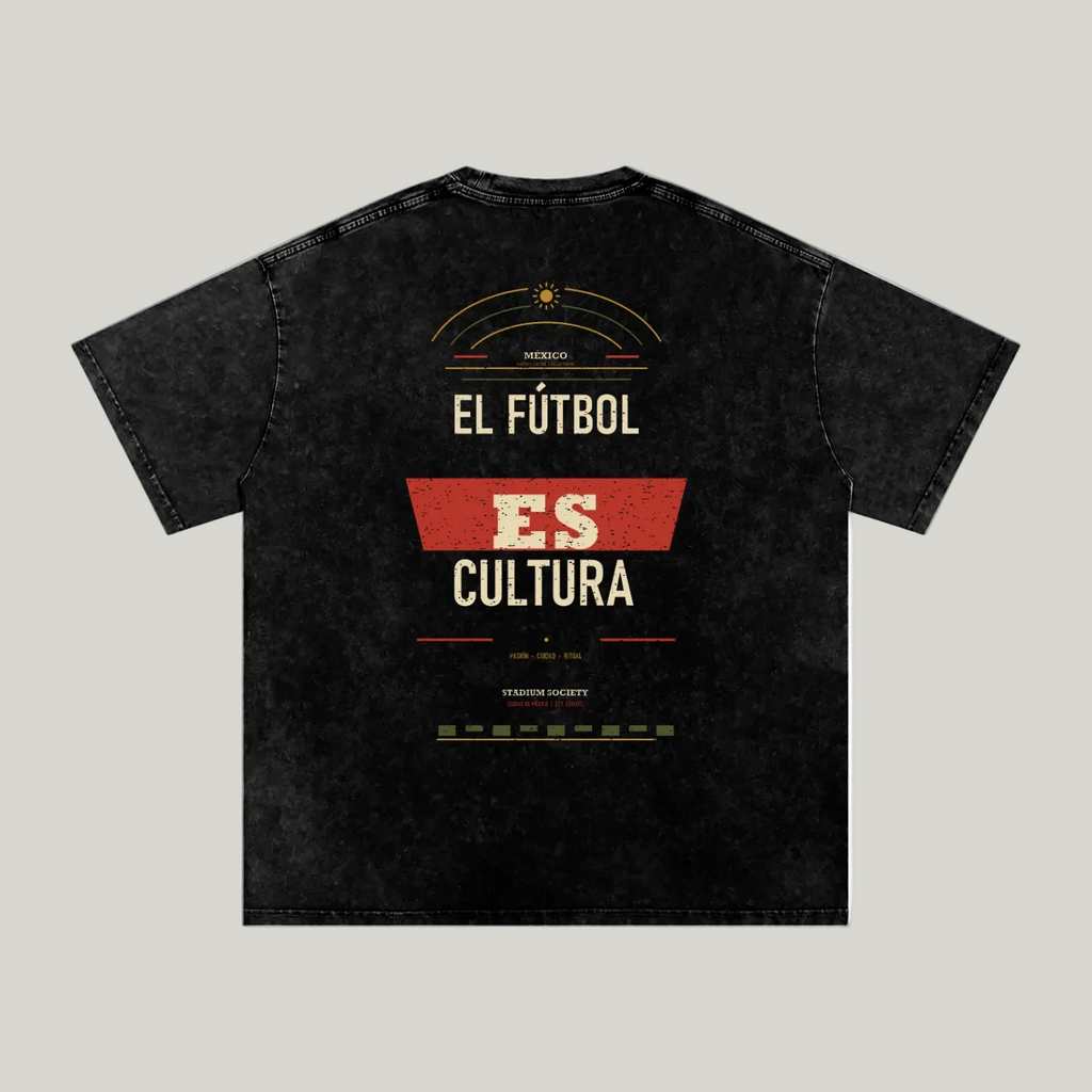 Back of black washed oversized T-shirt with large El Fútbol Es Cultura typography