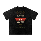 Back of black washed oversized T-shirt with large El Fútbol Es Cultura typography
