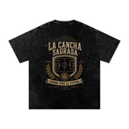 Back of Black washed oversized T-shirt with a large La Cancha Sagrada field graphic