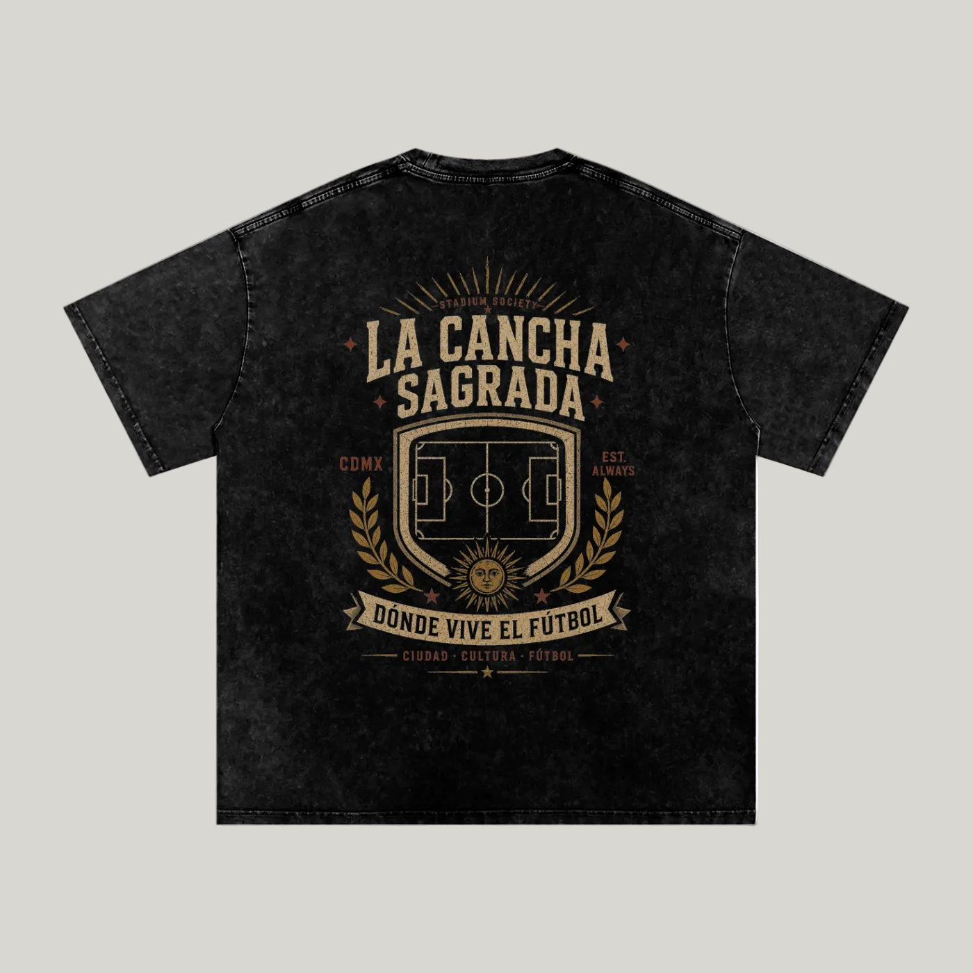 Back of Black washed oversized T-shirt with a large La Cancha Sagrada field graphic