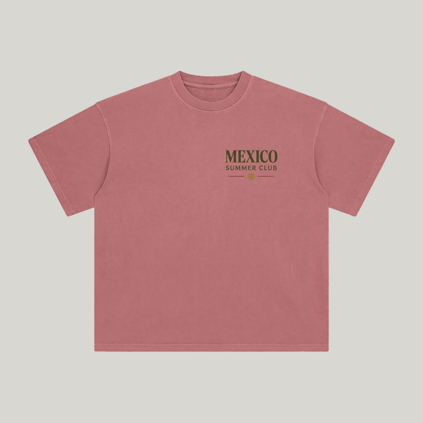 Front of Brick Red enzyme-washed T-shirt with a small Mexico Summer Club chest graphic