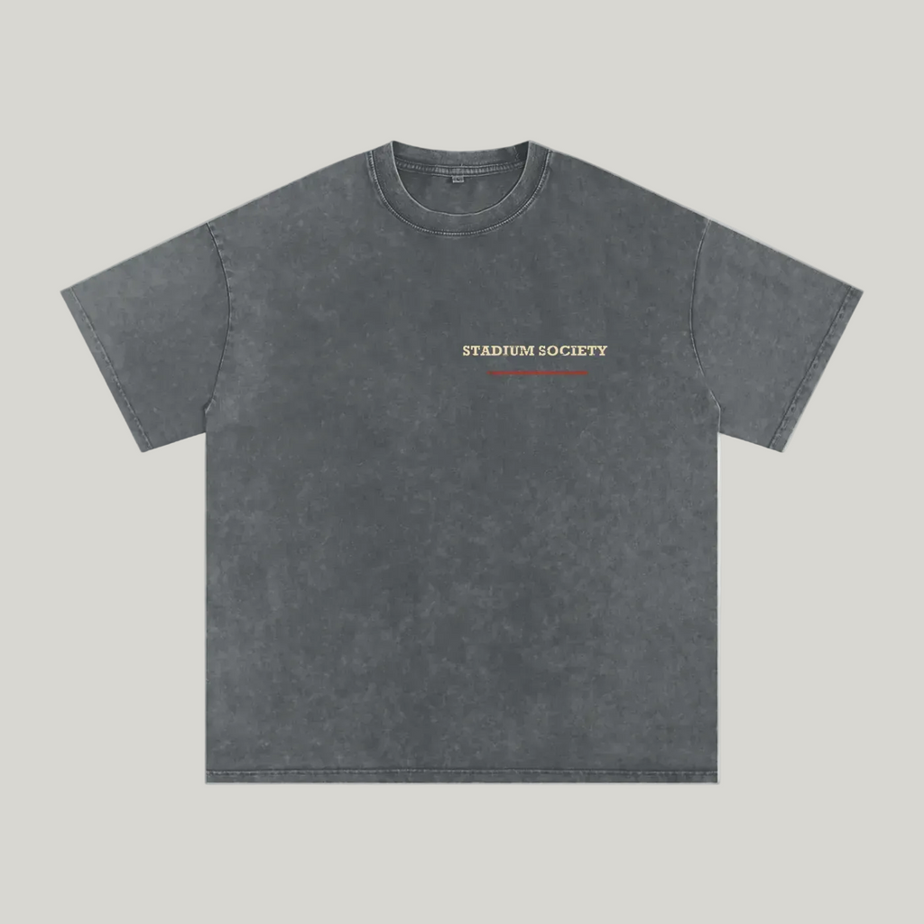 Front of Pirate Gray washed oversized T-shirt with a small Stadium Society chest mark