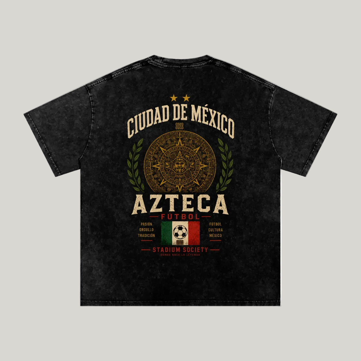 Back of black washed T-shirt with a large Ciudad de México Azteca graphic