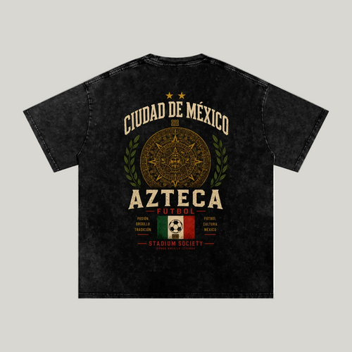 Back of black washed T-shirt with a large Ciudad de México Azteca graphic