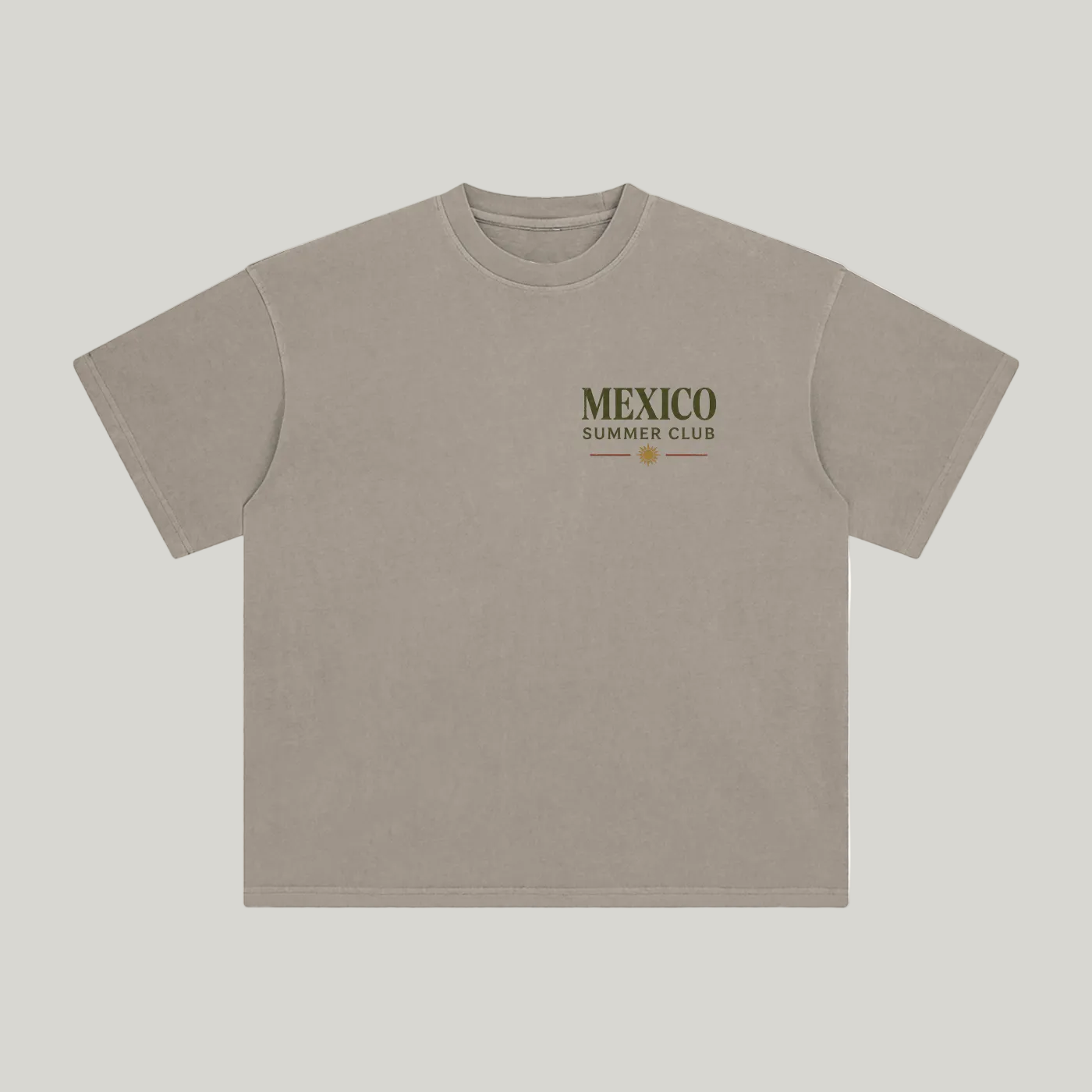 Front of Khaki enzyme-washed T-shirt with a small Mexico Summer Club chest graphic