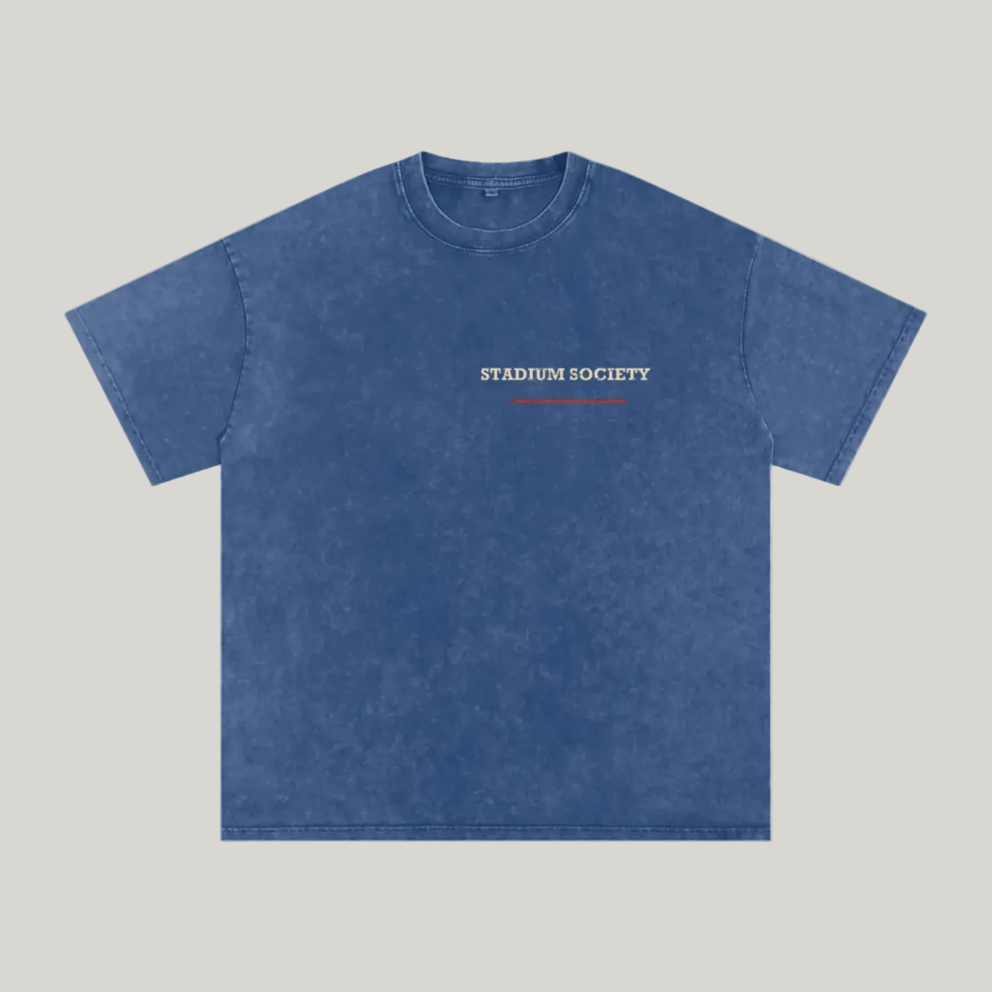 Front of Dark Blue washed oversized T-shirt with a small Stadium Society chest mark