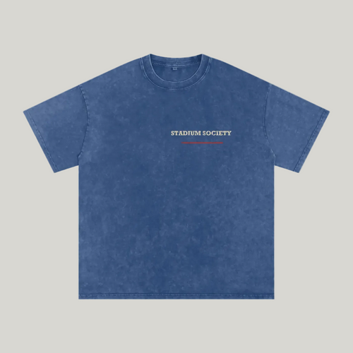 Front of Dark Blue washed oversized T-shirt with a small Stadium Society chest mark