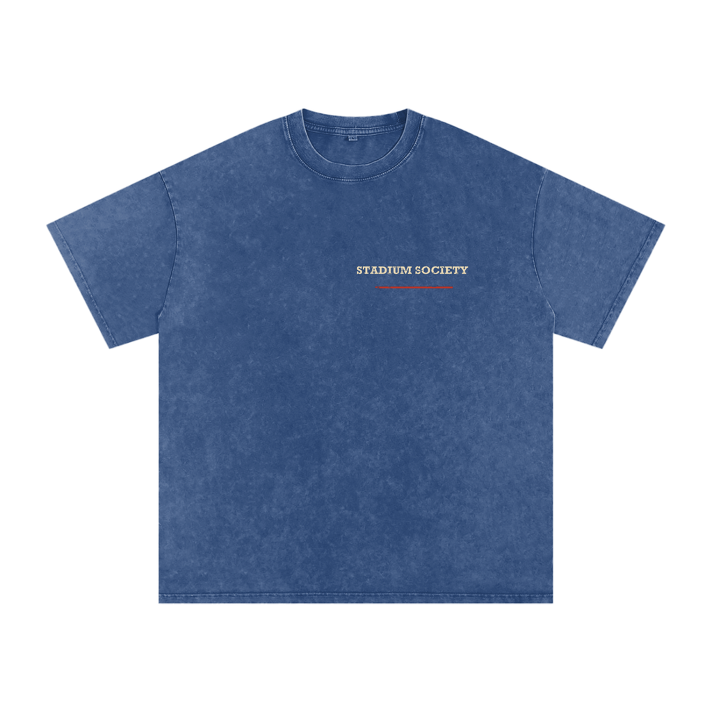 Front of Dark Blue washed oversized T-shirt with a small Stadium Society chest mark