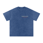 Front of Dark Blue washed oversized T-shirt with a small Stadium Society chest mark