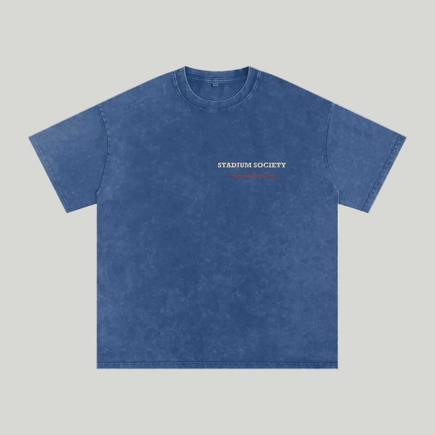 Front of Dark Blue washed oversized T-shirt with a small Stadium Society chest mark