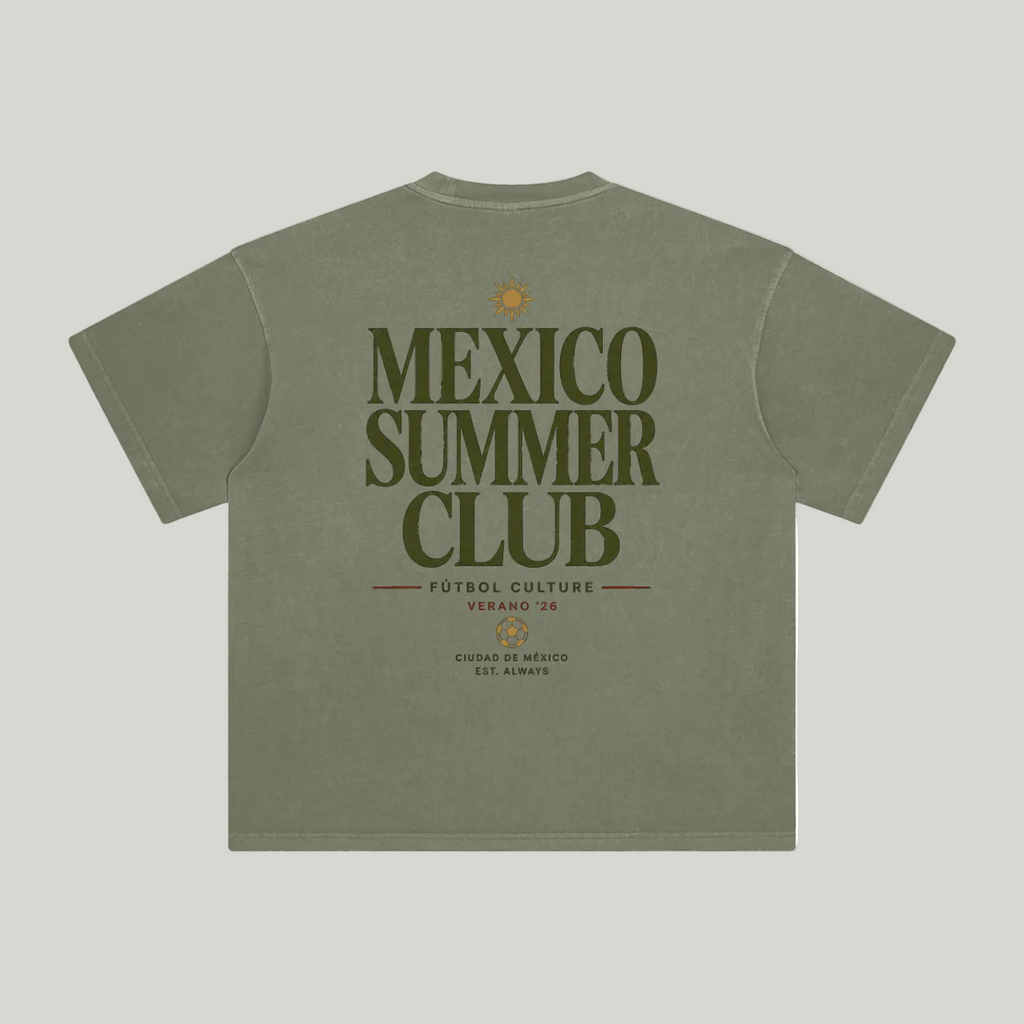 Back of Gray Green enzyme-washed T-shirt with large Mexico Summer Club typography