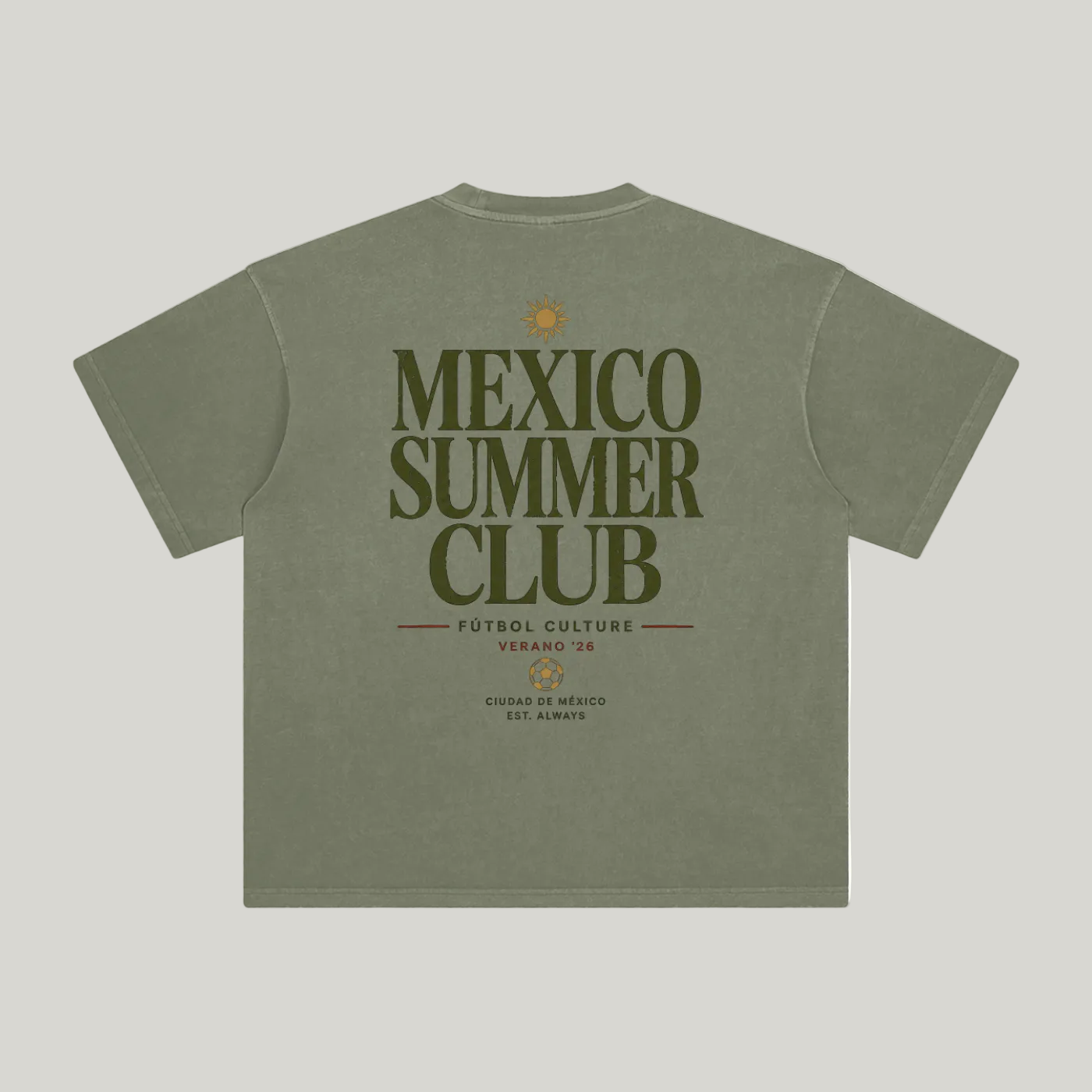 Back of Gray Green enzyme-washed T-shirt with large Mexico Summer Club typography