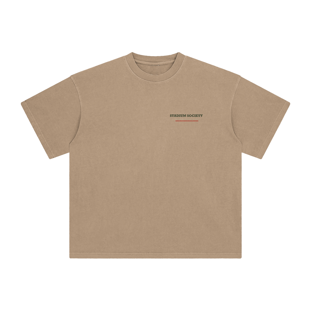 Front of Camel enzyme-washed T-shirt with a small Stadium Society chest mark