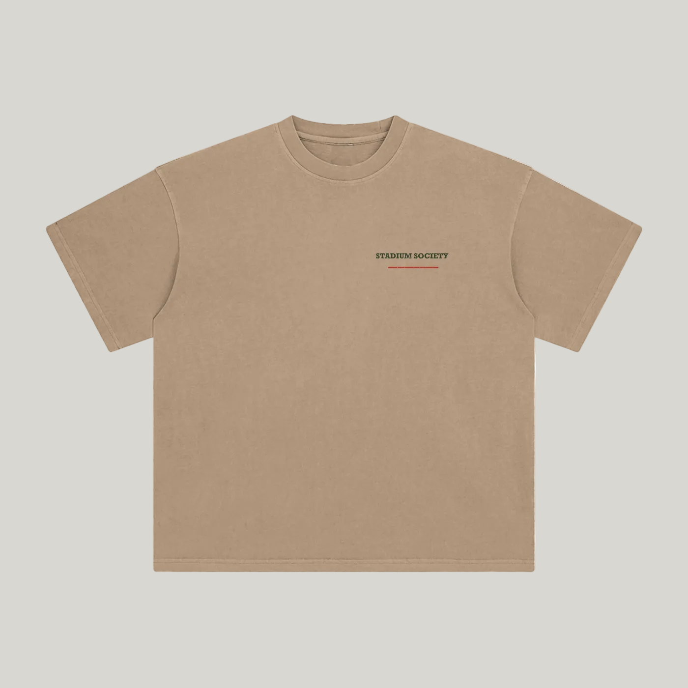 Front of Camel enzyme-washed T-shirt with a small Stadium Society chest mark