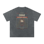 Back of Pirate Gray washed oversized T-shirt with a large Ciudad Football Society grid graphic