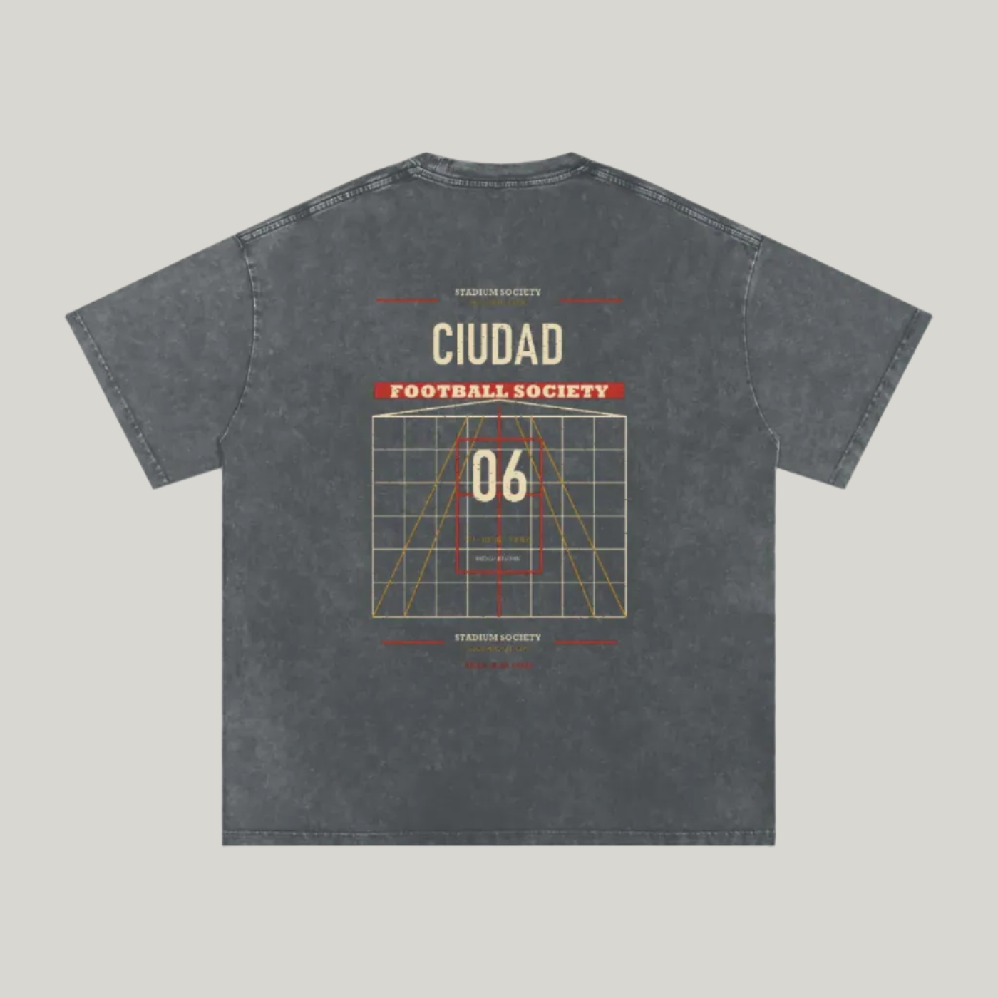 Back of Pirate Gray washed oversized T-shirt with a large Ciudad Football Society grid graphic