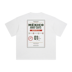 Back of White enzyme-washed T-shirt with a large Mexico Away Days travel graphic