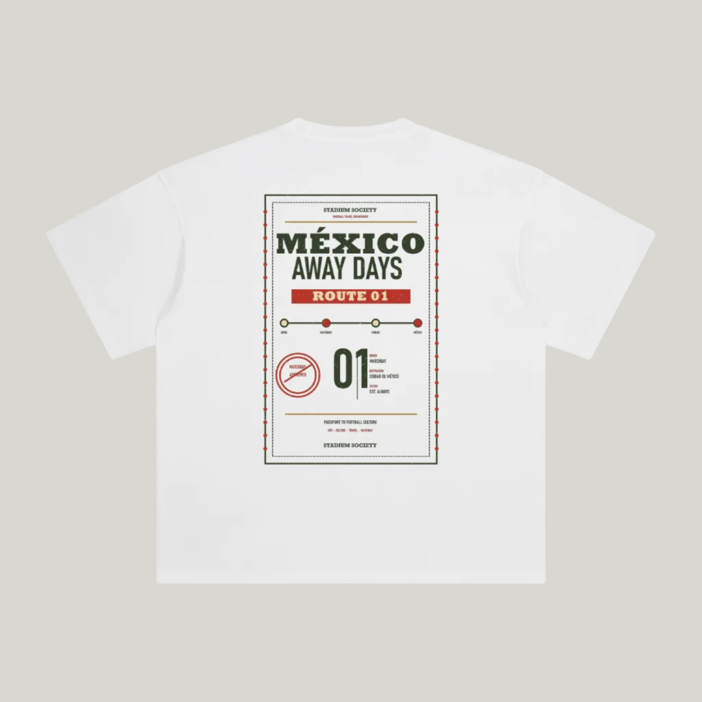 Back of White enzyme-washed T-shirt with a large Mexico Away Days travel graphic