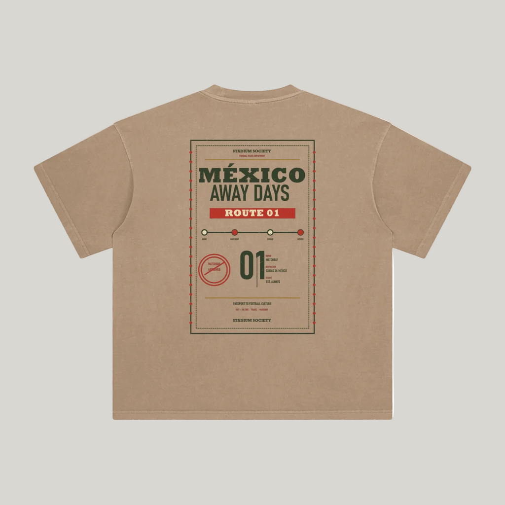 Back of Camel enzyme-washed T-shirt with a large Mexico Away Days travel graphic