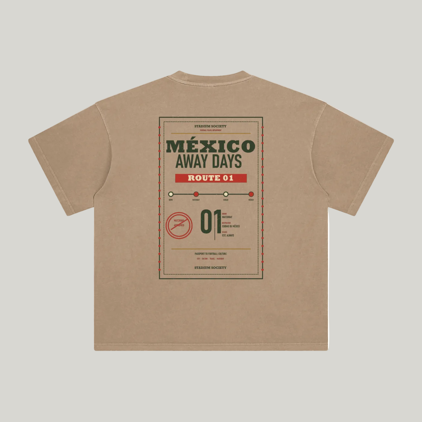 Back of Camel enzyme-washed T-shirt with a large Mexico Away Days travel graphic