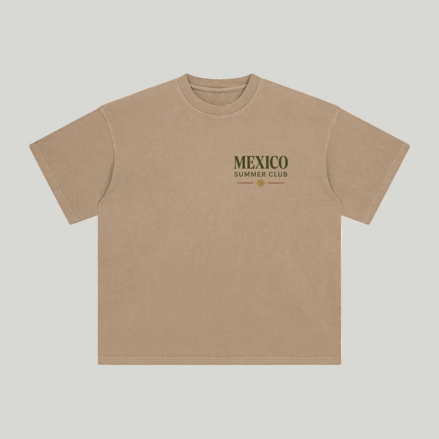Front of Camel enzyme-washed T-shirt with a small Mexico Summer Club chest graphic