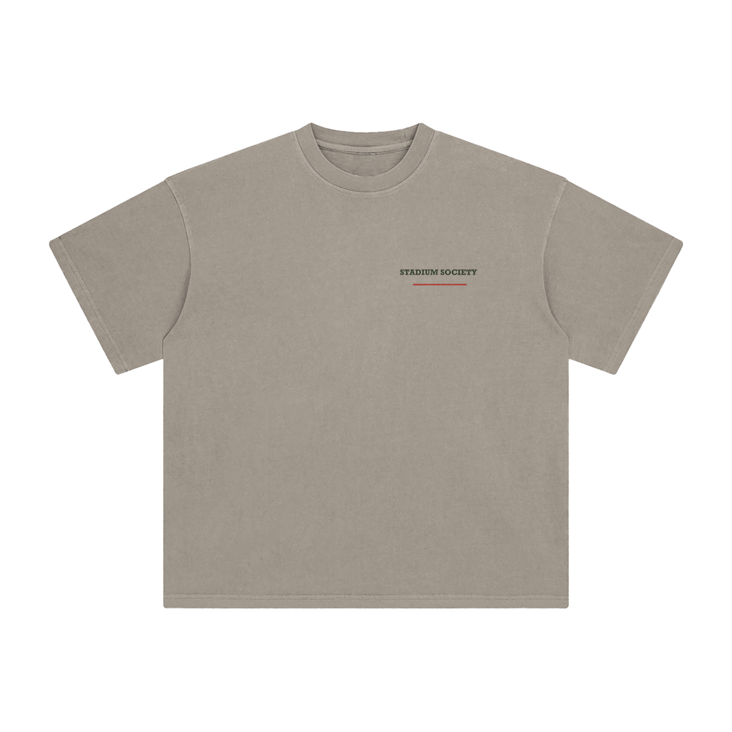 Front of Khaki enzyme-washed T-shirt with a small Stadium Society chest mark