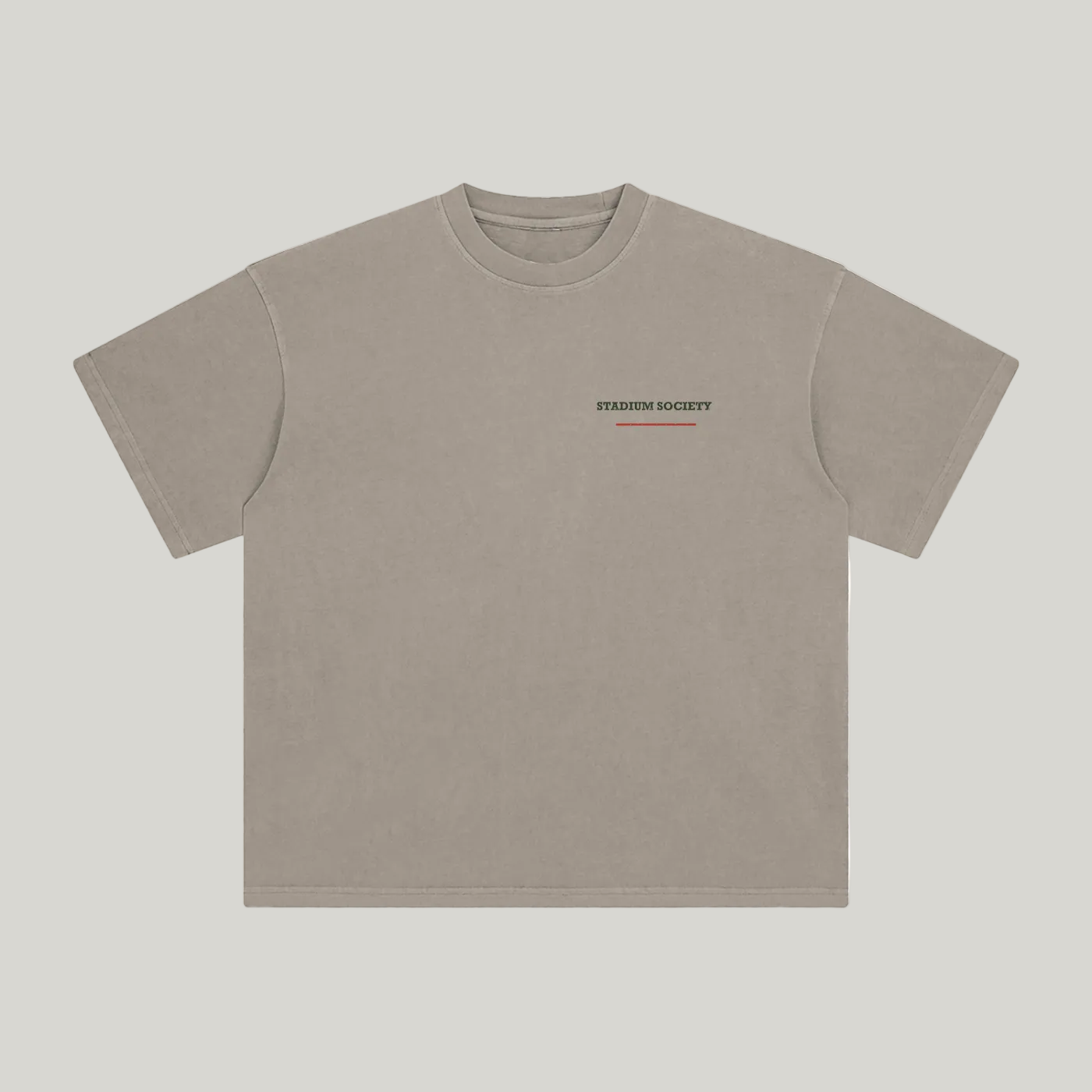Front of Khaki enzyme-washed T-shirt with a small Stadium Society chest mark