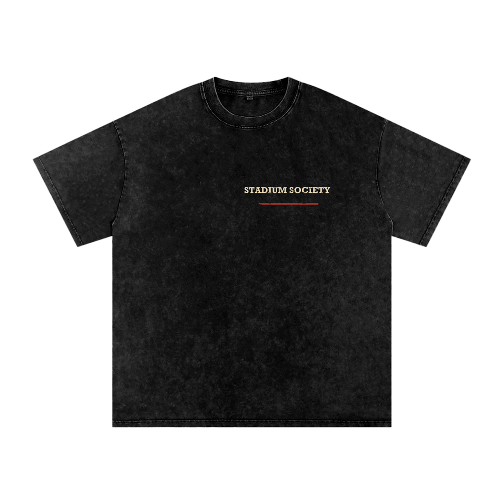 Front of black washed oversized T-shirt with a small Stadium Society chest mark