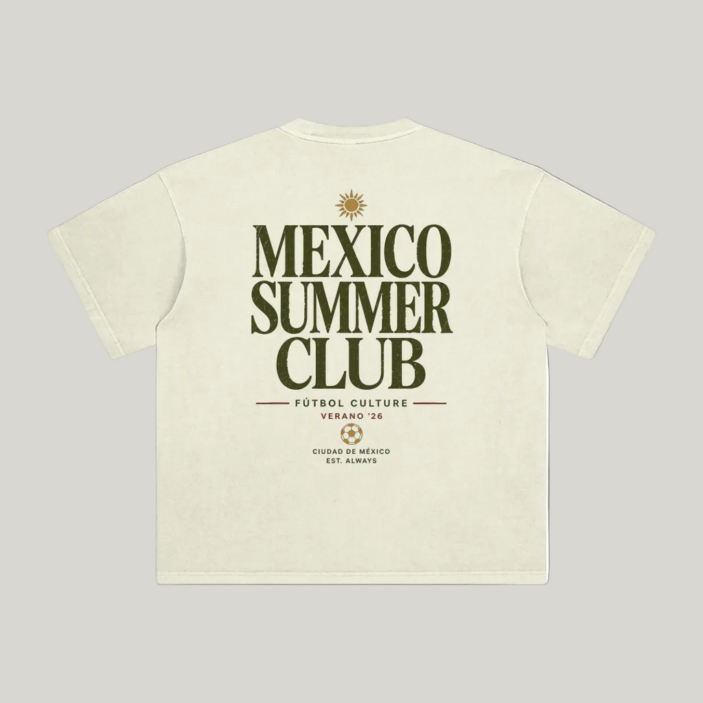 Back of Apricot enzyme-washed T-shirt with large Mexico Summer Club typography